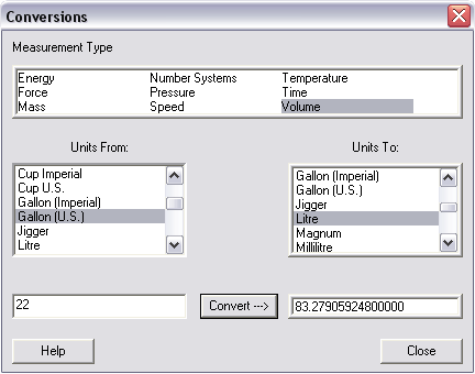 volume conversion list